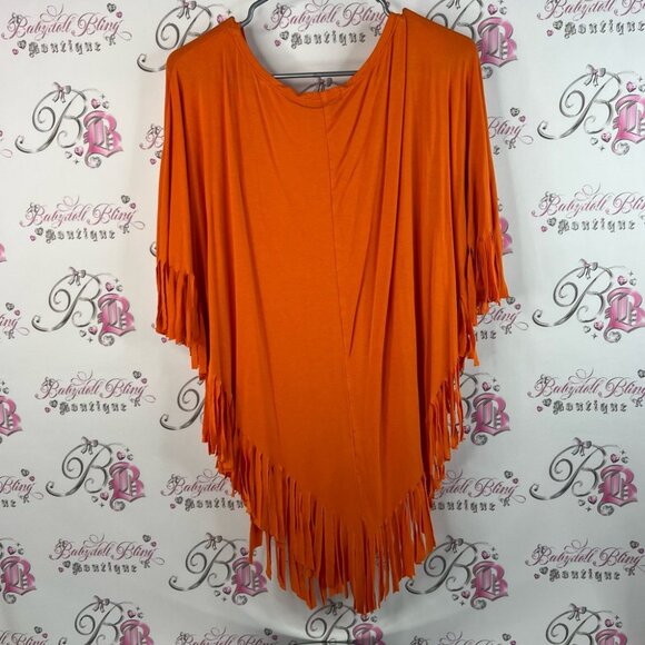 Poncho pull over bright Vibrant Orange Fringe Poncho tassle bottom hem comfy - Picture 2 of 10